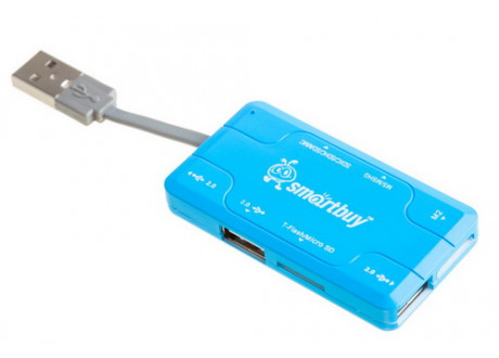 Картридер + Хаб Smartbuy 750, USB 2.0 3 порта+SD/microSD/MS/M2 Combo (SBRH-750-B), голубой (1/5)